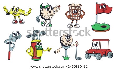 Golf mascot. Ball with club, golf cart, hole with flag stick 1930s cartoon style characters vector illustration set of golf ball, game mascot golfer, golfing activity