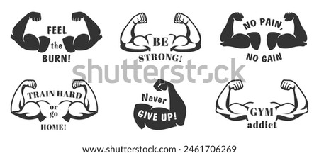 Gym posters. Muscular arms and strong biceps with inspirational fitness motivation and encouraging slogans vector illustration set of arm fitness gym, strong sport