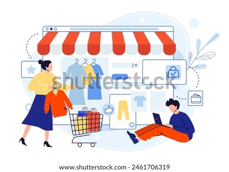 Mobile online shopping. Online store selling clothes. Man looking for products in internet using laptop. Store with dresses and trousers on screen, woman with trolley buying blouse vector