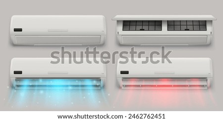 Split system air conditioner. Air conditioning device with open lid, standby and active mod with cooling and heating airflow 3D vector illustration set of device split conditioner