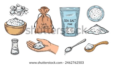 Hand drawn salt. Sketch sea salt packaging, wooden bowl and spoon, salt shaker and pinch in hand vector illustration set