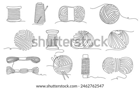 Continuous one line sewing threads. Thread spools, skeins and balls of knitting yarn for crafting, textile tailor shop and handicraft hobbies design. Vector illustration set of thread for sewing