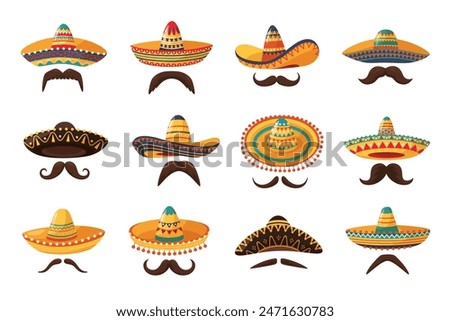 Mexican sombrero hats and mustache. Traditional sombreros with ethnic patterns, Mexico style masks cartoon vector set of mexican mustache illustration