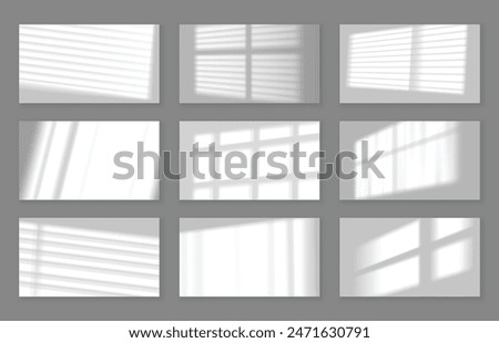 Realistic wall with gobo shadow. Window frame and blinds shadows cast on white studio background, lightning effect overlay vector set.