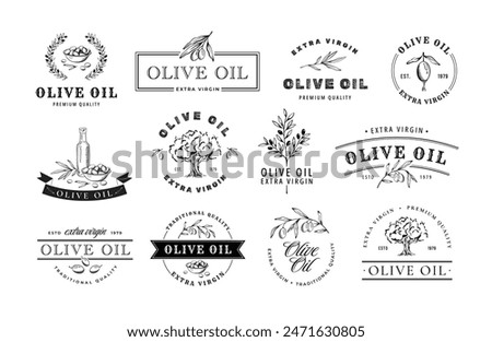 Olive oil emblem. Hand drawn labels for extra virgin oil or olive contained cosmetic products with sketch tree, branches, leaves and olives isolated vector illustrations set