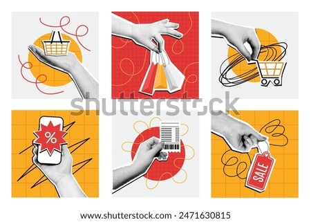 Halftone shopping collage. Mixed media hand holding shopping basket, cart and bags. Mobile online offer deal, sale and purchase verification receipt vector illustration set