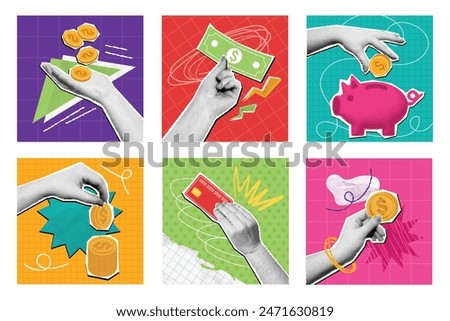 Halftone money collage. Mixed media hand holding coins, dollar bills, piggy bank and credit card. Financial savings, buying and paying concept vector illustration set