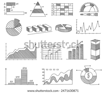 Hand drawn graphs and charts. Sketch business infographic elements, bar and pie charts, line graphs and diagrams vector set