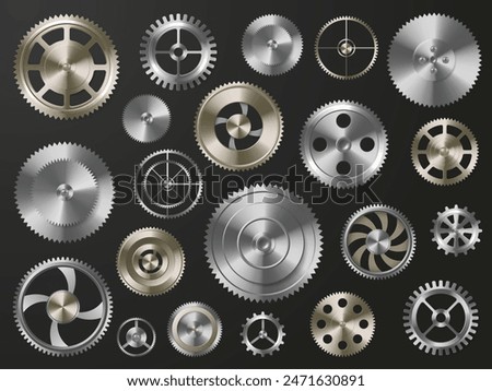 Metal gears. Metallic cogwheels and spur gears for mechanical engineering, industrial and steampunk themed design. Isolated vector set