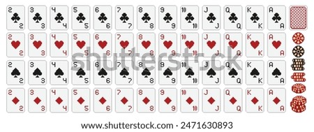 Pixel art poker. Pixelated 8 bit playing cards deck icons with clubs, diamonds, hearts and spades suits symbols and poker chips in retro video game style vector set