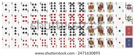 Pixel art playing cards. Standard 52 playing cards deck with pixelated clubs, diamonds, hearts and spades. Illustrated face cards Jack, Queen, King and Joker vector set