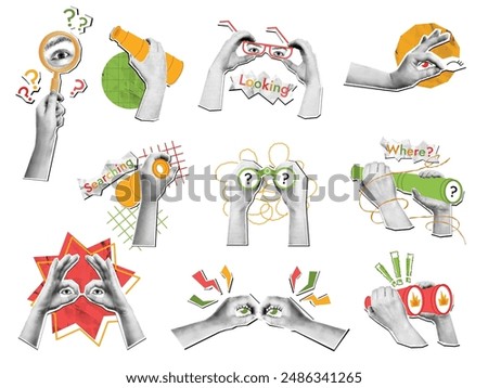 Mixed media looking hands. Halftone search and exploration stickers with magnifying glass, binocular, spyglass and eyeglasses. Searching collage vector set. Business vision and strategy concept.