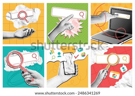 Mixed media online search. Internet search bar with magnifying glass icon, SEO optimization and research pop art with halftone hand vector set. Internet searching, discovery and forecast concept.