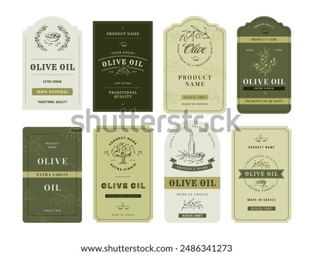 Olive oil label. Elegant hand drawn olive tree branches with leaves and olives decorated packaging designs isolated vector illustrations set.