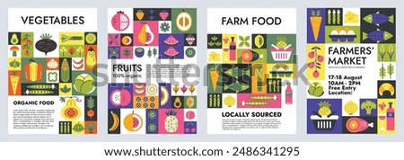 Organic food geometric mosaic poster. Farmers market invitation, vegetables, fruits and locally sourced farm food advertisement with geometric icons vector illustration. Bauhaus Scandinavian tiles.