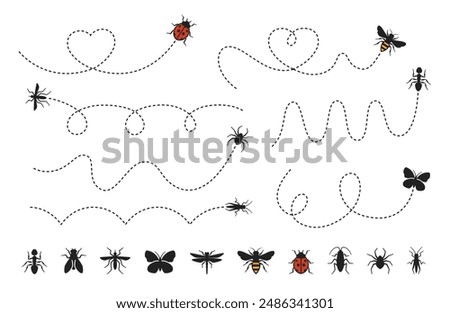 Dashed line insect route. Bee, mosquito and butterfly flight paths. Ladybug, tiny ant, spider and cockroach trails. Dragonfly, grasshopper and fly icons. Insects pathway bug vector set.