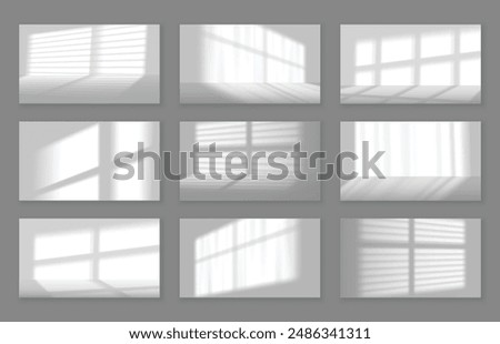 Realistic studio shadow backgrounds. Natural lighting effect shadows cast by window frames and blinds gobo on wall and floor vector set.