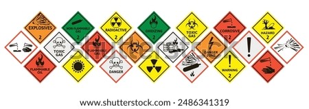 Hazard warning signs. Danger caution and safety symbols for explosives, flammable and toxic gas, corrosive and radioactive materials. Dangerous chemicals attention and protection stickers vector set.