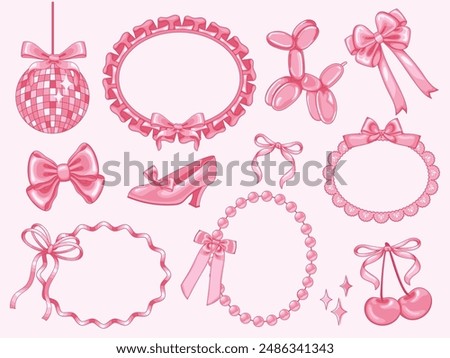 Coquette decorative elements. Girly bows on Y2k ruffled ribbon frame, pump shoe, disco ball and pink cherry. Girl party accessories vintage vector illustration. Shiny pink satin gift bow collection