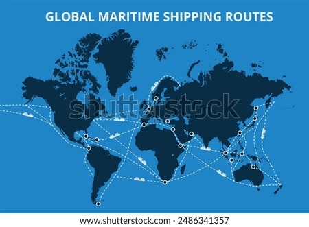 Global maritime shipping routes map. International sea routes for cargo shipping, major ports and trading hubs on world map with cargo ship icons and dashed line paths vector illustration.