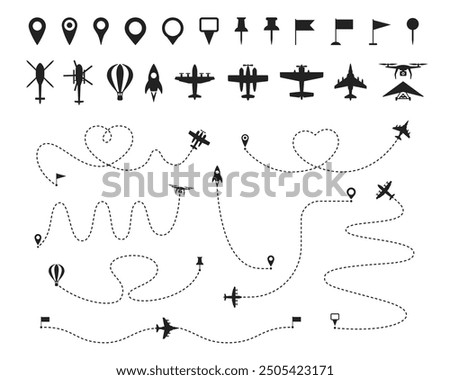 Flight path route. Dashed line plane, helicopter, balloon, drone and jet fighter trajectories. Aircraft take off, landing point with airplane, pin. Fly direction vector set. Navigation map elements.