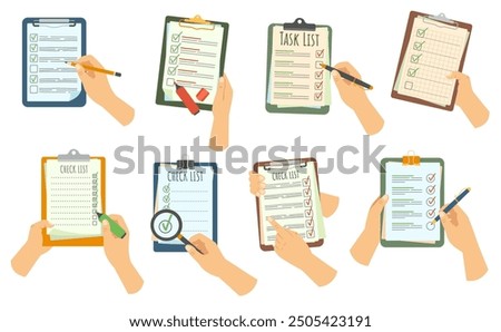 Hand holding checklist on clipboard. Task inspection or requirements lists with tick mark in checkbox. Check marks on agenda list, tasks marked done and survey or testing papers cartoon vector set.