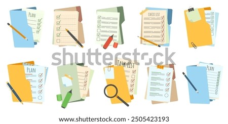 Documents folders. Plan checklists, organized task lists and office planning documents in folder. Survey papers and quiz form vector illustration set.