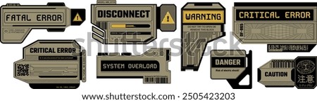 Cyberpunk decal templates. High tech critical and fatal error warning signs, system overload sticker, digital disconnect and danger caution errors window vector set.