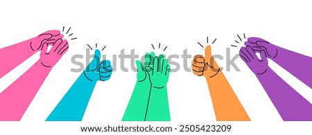 Clapping hands. Colorful doodle hands clapping and giving thumbs up, appreciation and approval concept. Applause claps for celebration of success hand drawn vector illustration.