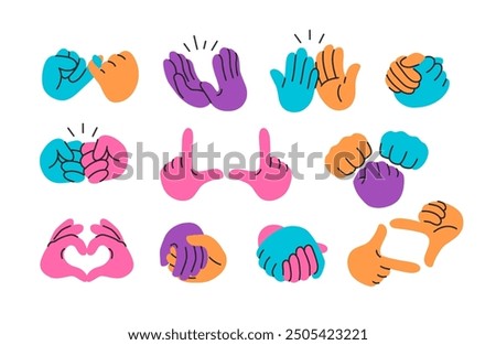 Hands holding together. High five, applause clap and fist bump, couple handshake, two hands frame cropping and heart shaped gestures vector set.