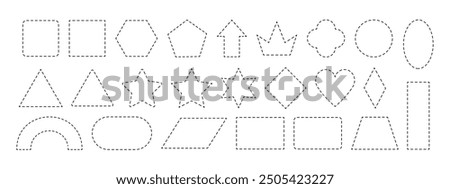 Dash line frames. Dashed outline shape cut line frame for coupon or voucher design. Basic geometric square, rectangle, circle and oval shapes and crown, star and heart symbols border vector set.