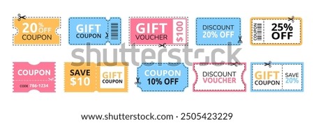 Discount offer coupon. Gift voucher or sale ticket template with cutting dashed lines and scissors icon. Shopping savings promotion coupons vector set.