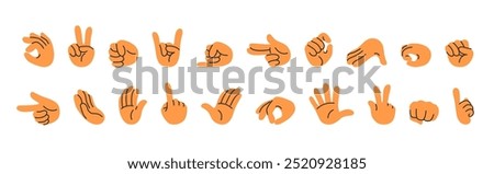 Doodle hands gestures. Hand signs for pointing finger, holding, pinch, punching fist and waving hand gesture. Minimal vector illustration set.