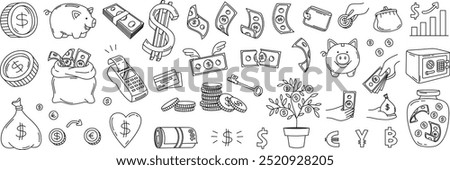 Doodle money. Banknotes and coins, money bag, credit card, piggy bank and currency symbols. Hand drawn financial savings, cashback and banking icons vector set.