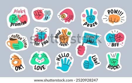 Comic hand gesture stickers. Pinky promise, crossed fingers and BFF brofist decals. Hands holding flag, gift, coffee and coin. Multicolored peace, ok, rock and like gestures hand drawn vector set.