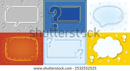 Question frame. Speech bubbles with question marks, quiz game show questions template and FAQ background. Asking banners and presentation slide layouts vector set.