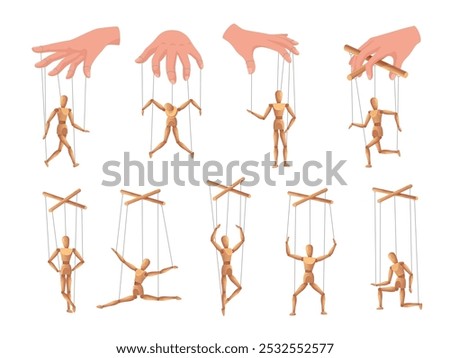 Wooden dummy figure. Marionette puppets controlled by strings and hand manipulation. Puppet theater human model poses. Control, leadership and influence concept illustrations vector set.