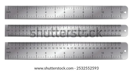 Metal ruler. Dual measurements rulers with precise metric and imperial scales. 12 inches, 30 centimeters and mixed markup scale measurement tool. Realistic metallic meter instrument. 3D Illustration