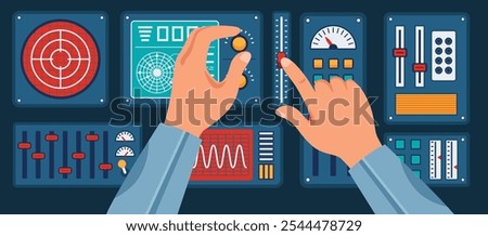 Control panel interface with hands. Adjusting settings of spaceship console with gauges, sliders and switches. Flight monitoring system with complex control mechanisms. Cartoon vector illustration.