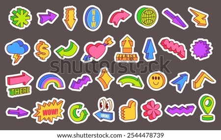 Retro 3D cartoon stickers. Comic arrows, look here and there pointers. Funny Y2K love heart, thunder cloud, rainbow, dollar sign, thumb up and abstract shape symbols. Playful extruded vector set.