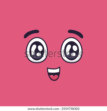 Cartoon face expressing surprise and happiness with wide open eyes, raised eyebrows, and a cheerful smile against a vibrant pink background, radiating joy and wonder