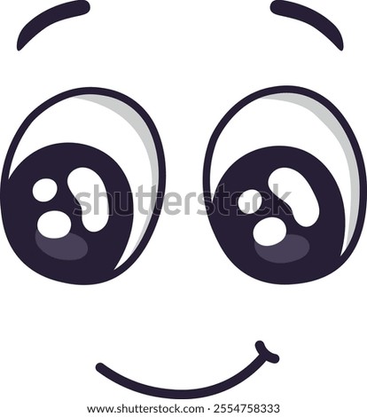 Cartoon face expressing happiness and slight confusion, featuring a cheerful smile, raised eyebrows, and wide open eyes, creating a playful and expressive character