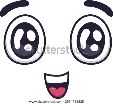 Cartoon face showing happiness through wide open eyes, raised eyebrows, and a big, open mouthed smile, conveying joy, amusement, or excitement in a playful and expressive way