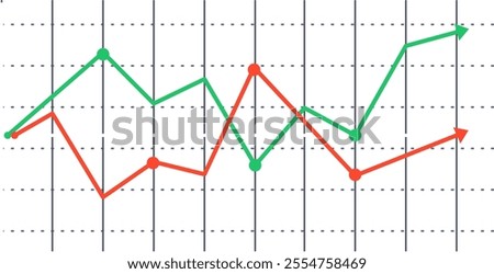 Two lines are representing increasing and declining trends over a grid background, symbolizing market analysis, financial performance, or business progress