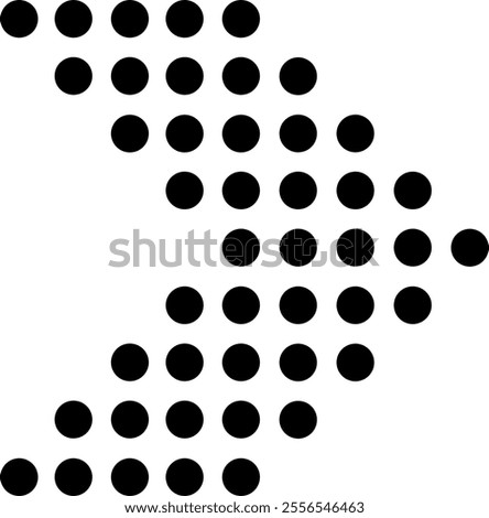 Black dots of increasing and decreasing size are forming a zigzag shape pointing towards the right down corner against a white background, creating an abstract and dynamic visual pattern