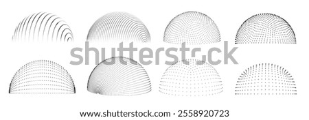 Dotted 3d hemisphere. Dome wireframe dots, geometric half sphere shapes with dotted patterns. Digital power shield, futuristic graphics isolated vector set.