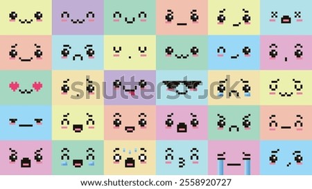 Pixel art kawaii faces. Cute pixelated facial expressions, uwu face, surprised eyes, sad crying and happy smiling pixels. Retro 8 bit gaming or anime emotions vector icons set.