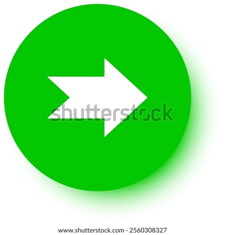 White arrow pointing right on green circle with drop shadow, ideal for indicating direction or progress in presentations, websites, and other digital media