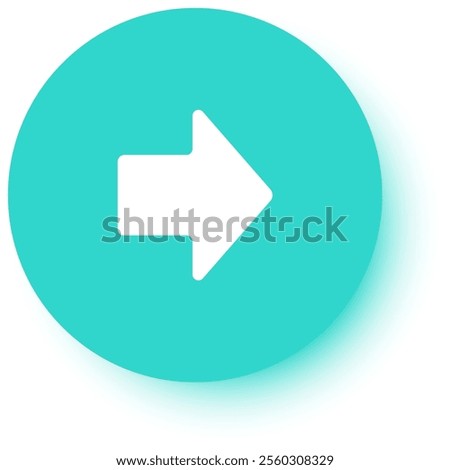 Minimalist vector graphic showing a white arrow pointing right on a turquoise circle with drop shadow on white background, conveying direction, movement, and progress