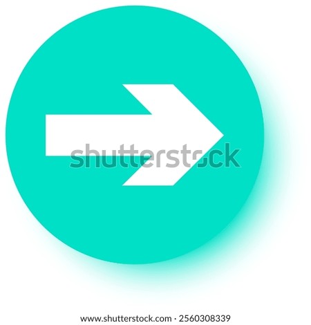 White arrow pointing to the right on a turquoise circle with soft, blurred edges, creating a simple yet effective visual representation of direction and movement